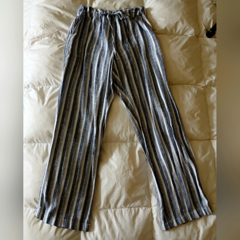 New. Linen/ Viscose Navy/white Striped Wide Straight Leg, Gather Elastic Waist - Picture 1 of 9